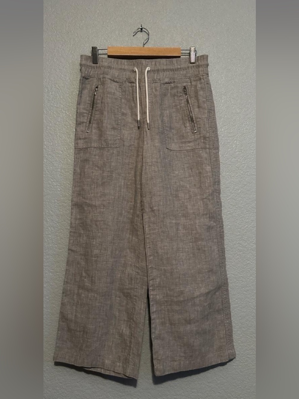 Athleta Cabo Linen Light Gray/Taupe Wide-Leg Drawstring Pants Size 16T - Picture 2 of 9